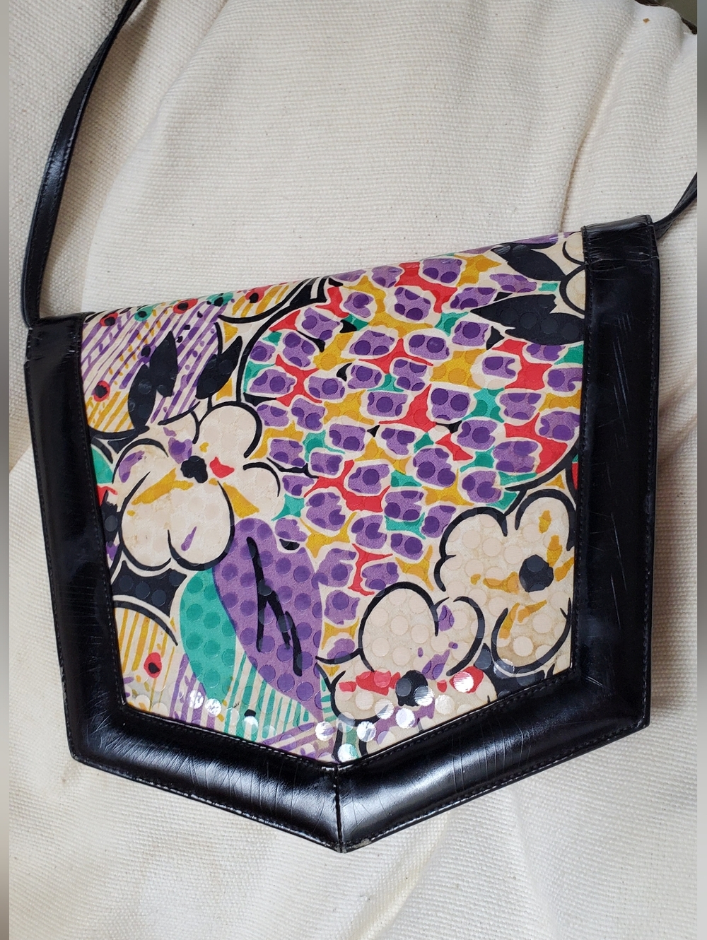 Vintage Stuart Weitzman Colorful Floral  Crossbody Bag with Black Trim